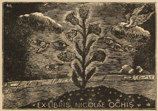 Exlibris by Roman Mottl from Romania for Nicolae Ochis - Flora Scenery/Landscape Surrealism 