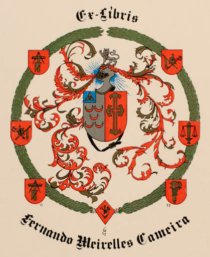 Exlibris by Aulo-Gelio Severino from Portugal for Fernando Meirelles Cameira - Heraldry 