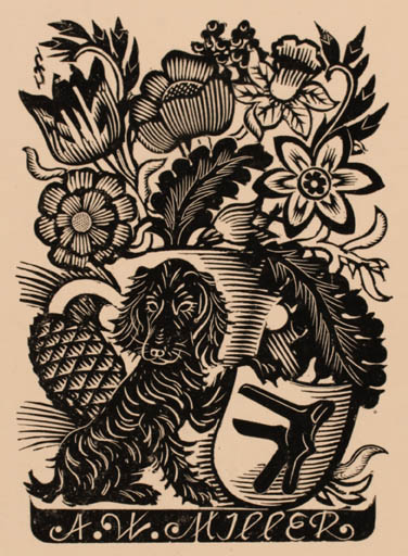 Exlibris by Mark F. Severin from Belgium for A.W. Miller - Flower Flora Dog 