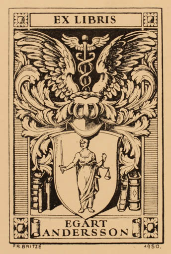 Exlibris by Friedrich Britze from Denmark for Egart Andersson - Heraldry Law 