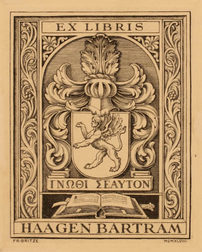 Exlibris by Friedrich Britze from Denmark for Haagen Bartram-Jensen - Fable Animal Heraldry 