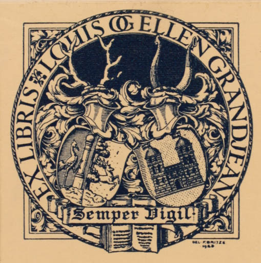 Exlibris by Friedrich Britze from Denmark for Louis og Ellen Grandjean - Heraldry 