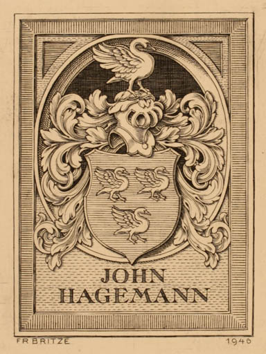 Exlibris by Friedrich Britze from Denmark for John Hagemann - Heraldry 