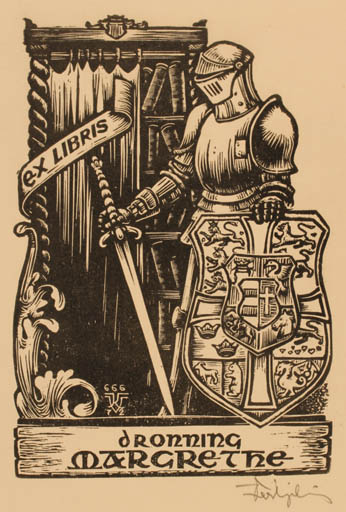 Exlibris by Kàroly Vàroknyi from Hungary for Danmark Dronning Margrethe II - Heraldry Regent/royalty Knight 