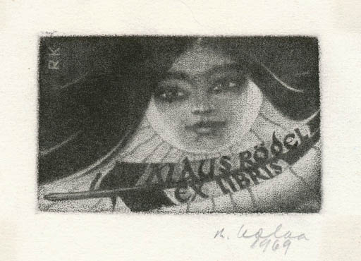 Exlibris by Raivo Kolka from Estonia for Klaus Rödel - Woman Portrait 