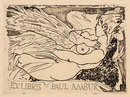 Exlibris by Evald Okas from Estonia for Paul Ambur - Erotica Leda and the Swan Mythology 