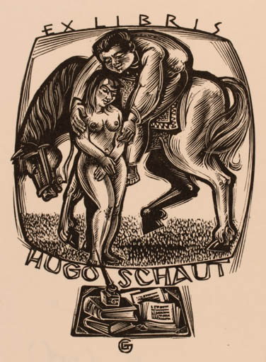 Exlibris by Gerard Gaudaen from Belgium for Hugo Schaut - Horse Literature Couple Horseman/Rider 