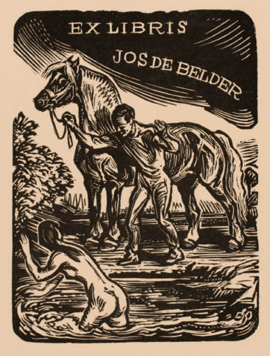 Exlibris by Emil Kotrba from Czechoslovakia for Josef De Belder - Horse Literature Couple 