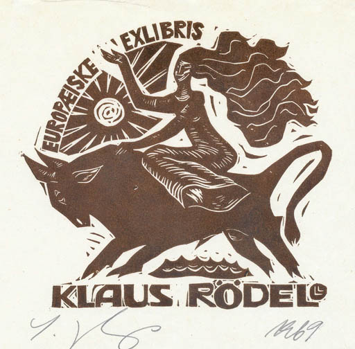 Exlibris by Lembit Lepp from Estonia for Klaus Rödel - Europa and the Bull Mythology 