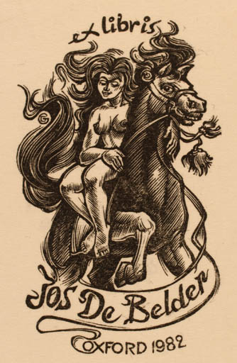 Exlibris by Gerard Gaudaen from Belgium for Josef De Belder - Horse Woman Literature Nude 