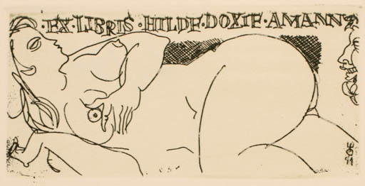 Exlibris by Evald Okas from Estonia for Hilde Doxie-Amann - Erotica Woman Nude 