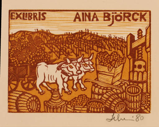 Exlibris by Maria Elisa Leboroni from Italy for Aina Björck - Wine 