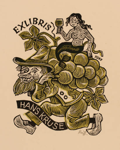 Exlibris by Hermann Huffert from Germany for Hans Kruse - Mermaid Man Wine 