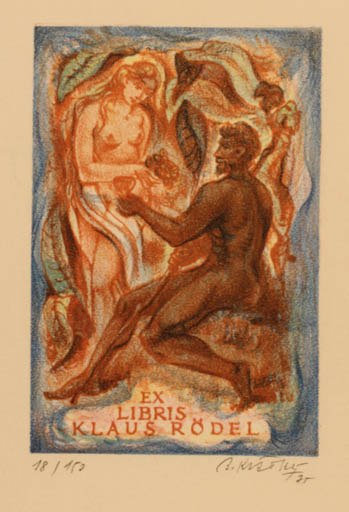 Exlibris by Bohumil Kratky from Czech Republic for Klaus Rödel - Couple Wine 