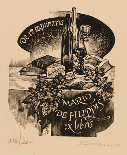 Exlibris by L. C. Beneson from Great Britain for Mario de Filippis - Wine 