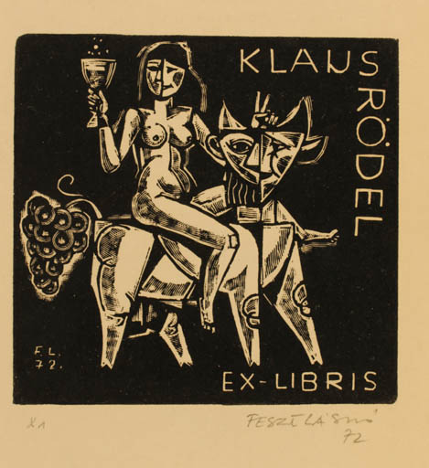 Exlibris by Ladislav Feszt from Romania for Klaus Rödel - Europa and the Bull Woman Wine 