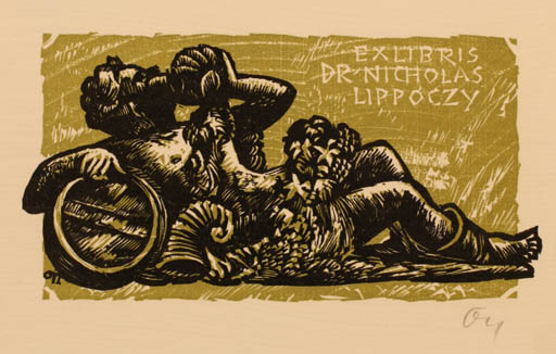 Exlibris by Herbert S. Ott from Germany for Dr. Nicholas Lippoczy - Wine 