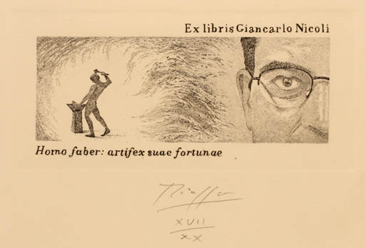 Exlibris by Vincenzo Piazza from Italy for Giancarlo Nicoli - Working 