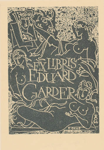 Exlibris by Evald Okas from Estonia for Eduard Garder - Erotica Art Woman Nude 