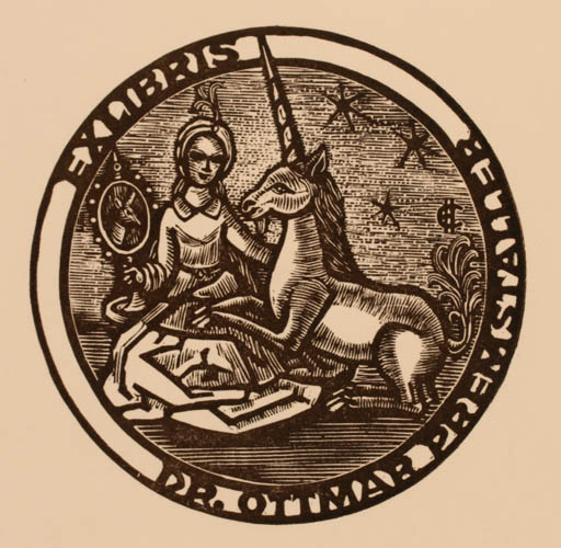 Exlibris by Hans Eilnberger from Austria for Ottmar Premstaller - Unicorn Fable Animal Woman 