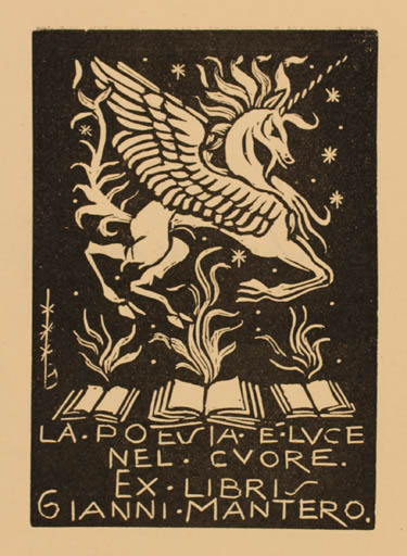 Exlibris by Bruno da Osimo from Italy for Gianni Mantero - Unicorn Fable Animal Pegasus 