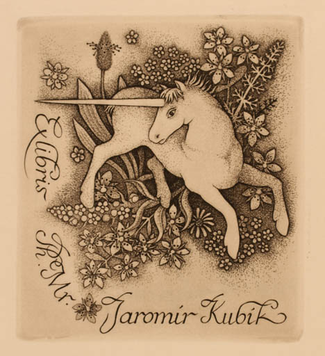 Exlibris by Karel Zeman from Czechoslovakia for Ph. Mr. Jaromir Kubik - Unicorn Fable Animal 