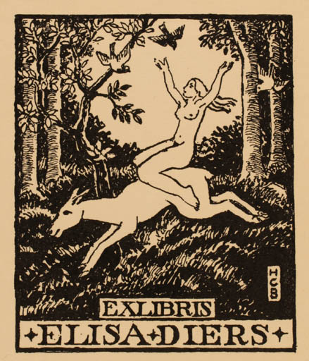 Exlibris by H. C. Bärenholdt from Denmark for Elisa Diers - Woman Nude Forest 