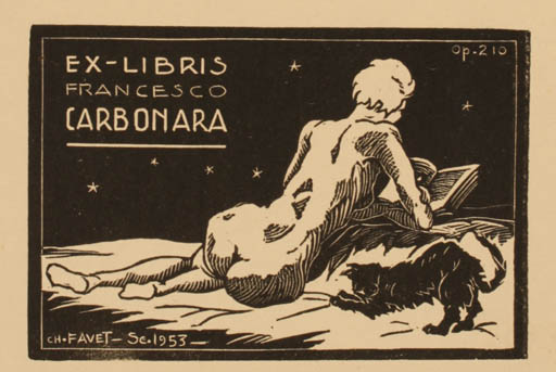 Exlibris by Charles Favet from France for Francesco Carbonara - Book Cat Woman Nude 