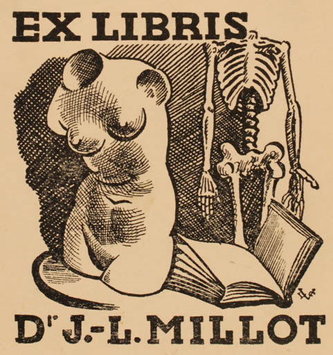 Exlibris by Valentin Le Campion from France for J. L. Millot - Book Death Woman Nude 