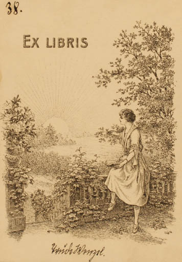 Exlibris by ? ? from Unknown for ? ? - Woman Scenery/Landscape Sun 