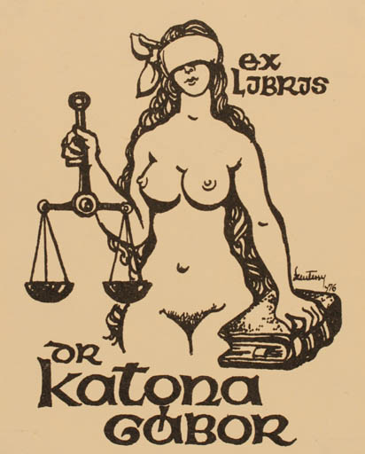 Exlibris by Florian Szentesi from Hungary for Dr. Katona Gabòr - Book Law Woman Nude 