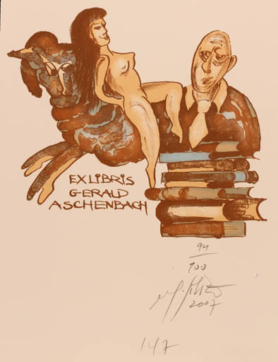 Exlibris by Vlastimil Sobota from Czech Republic for Gerald Aschenbach - Book Woman Man Nude 