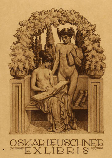 Exlibris by Stanislaus Kulhanek from Czechoslovakia for Oskar Leuschner - Classical antiquity Book Hermes Jugend Couple 