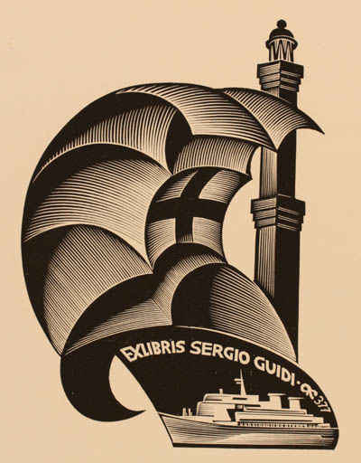 Exlibris by Anatolij Kalaschnikow from Russia for Sergio Guidi - Maritime Ship/Boat 