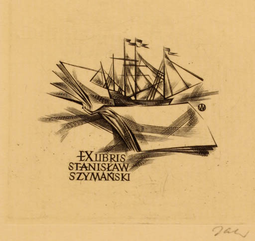 Exlibris by Wojciech Jakubowski from Poland for Stanislaw Szymanski - Book Maritime Ship/Boat 