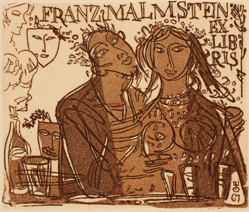 Exlibris by Evald Okas from Estonia for Franz Malmstein - Erotica Couple Romance Theater/Cirkus 