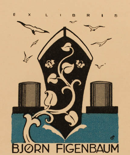 Exlibris by Albert Jaern from Norway for Bjørn Figenbaum - Maritime Ship/Boat 