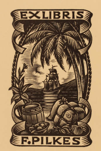 Exlibris by Nicolaas Bulder from Netherland for F. Pilkes - Maritime Palm tree Ship/Boat 