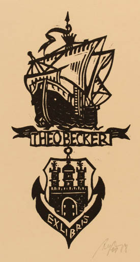 Exlibris by Karl Heinz Anger from Germany for Theodor Becker - Maritime Ship/Boat 