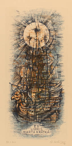 Exlibris by Bohumil Kratky from Czechoslovakia for Marta Krátká - Maritime Ship/Boat Sun 