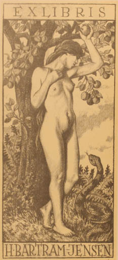 Exlibris by Stanislaus Kulhanek from Czechoslovakia for Haagen Bartram-Jensen - Adam and Eve Woman Nude 