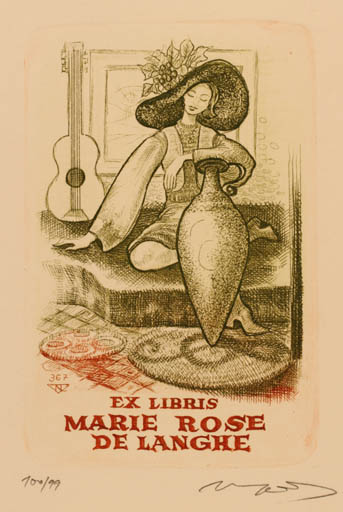 Exlibris by Laszlo Lazar Nagy from Hungary for Marie Rose de Langhe - Woman Music 