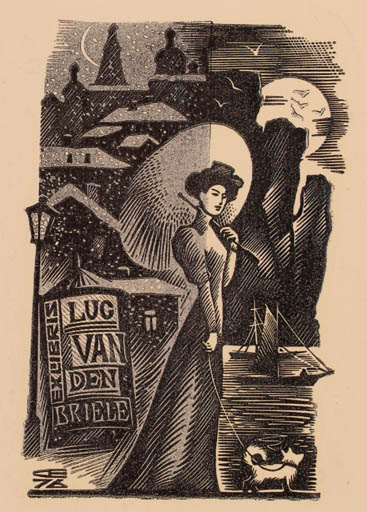 Exlibris by E. Sinilov from Russia for Luc van den Briele - Dog Woman Ship/Boat 