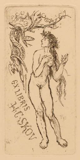 Exlibris by Jaroslav Vodrazka from Czechoslovakia for Henry Carlo Skov - Adam and Eve Woman Nude 