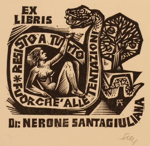 Exlibris by Antal Fery from Hungary for Dr. Nerone Santagiuliana - Adam and Eve Woman Nude 