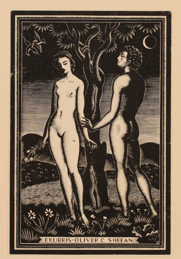 Exlibris by Italo Zetti from Italy for Oliver C. Sheean - Adam and Eve 