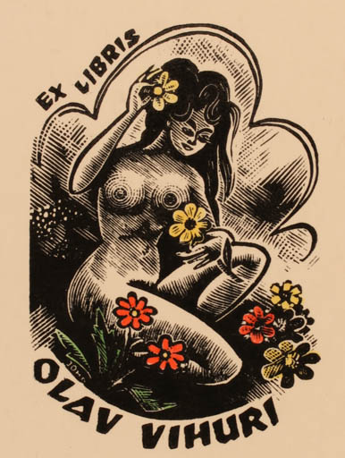 Exlibris by Johannes Johansoo from Estonia for Olav Vihuri - Woman Nude 