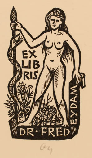 Exlibris by Herbert S. Ott from Germany for Dr. Fred Eydam - Adam and Eve Woman Nude 