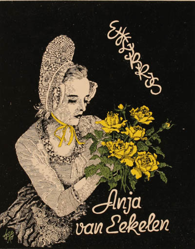 Exlibris by Bernhard Kuhlmann from Germany for Anja Van Eekelen - Flower Woman 