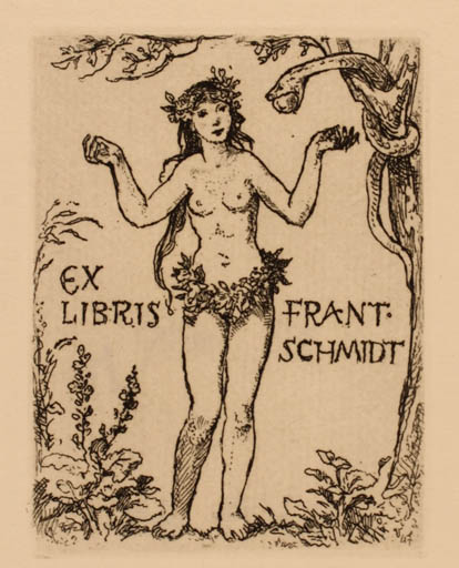 Exlibris by Jaroslav Vodrazka from Czechoslovakia for Frant Schmidt - Adam and Eve Woman Nude 